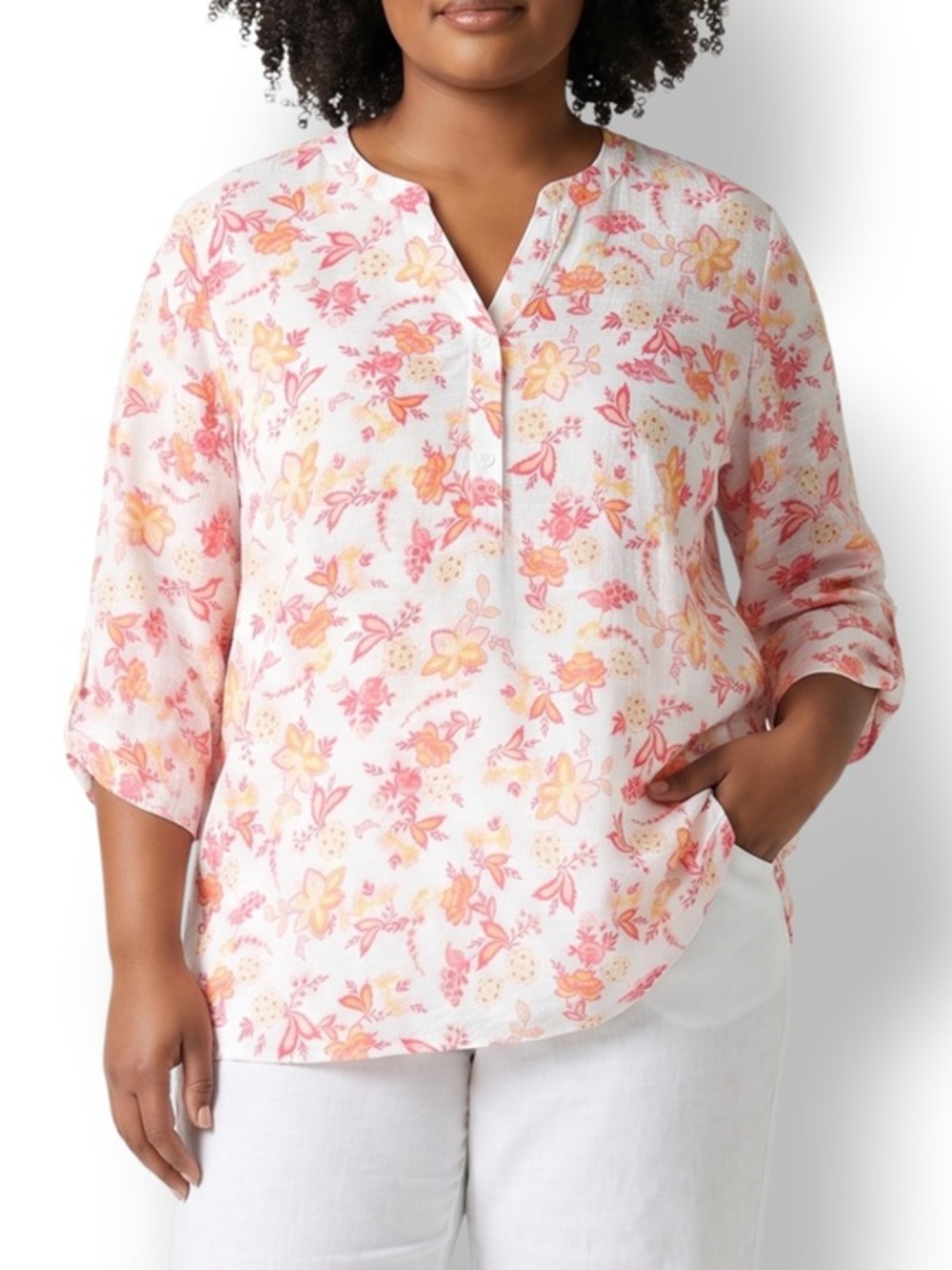 4/$20 Basic Editions Floral Blouse Tunic XL Lightweight Long Sleeve NWT
